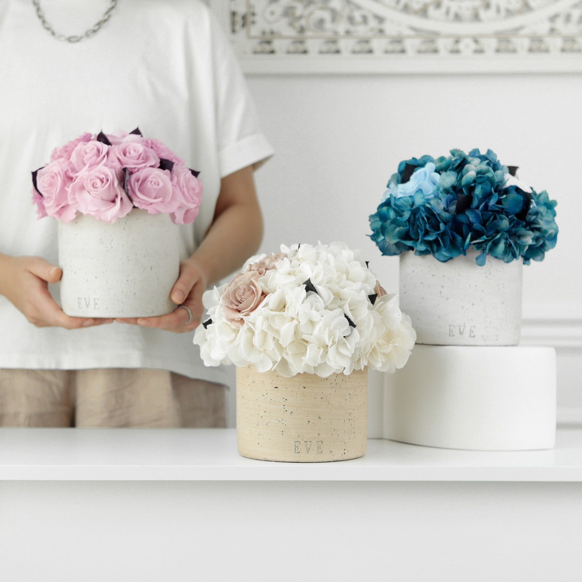 Gray Concrete Vase with Blue Roses and Blue Hydrangea