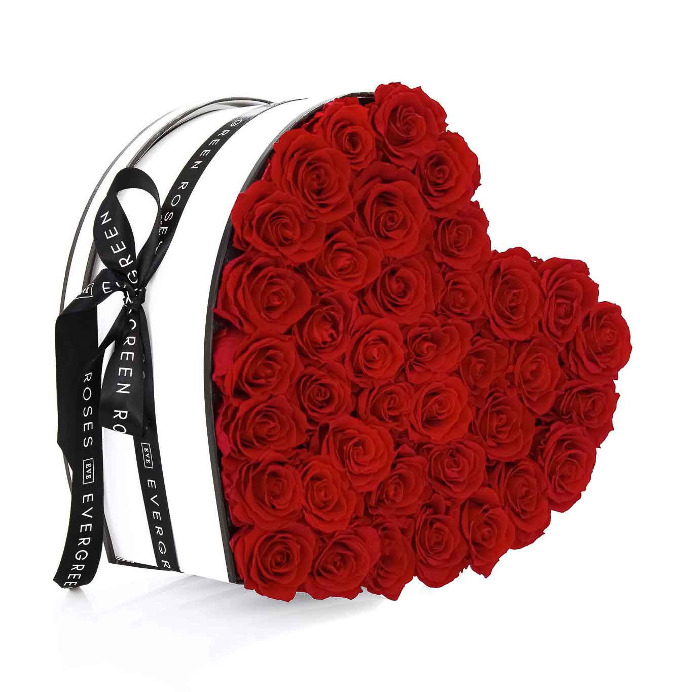 Evergreen Roses heart box — timeless symbol of love, preserved to last a year.