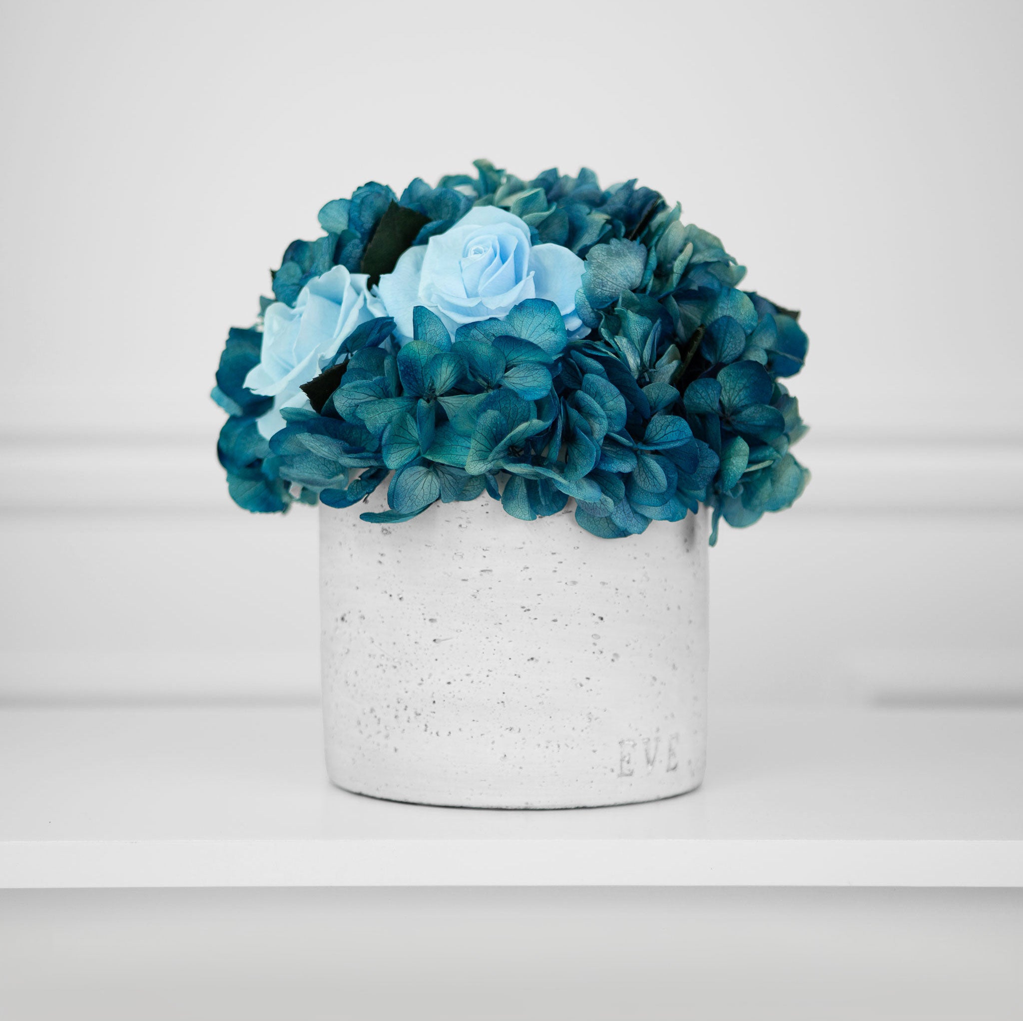 Gray Concrete Vase with Blue Roses and Blue Hydrangea