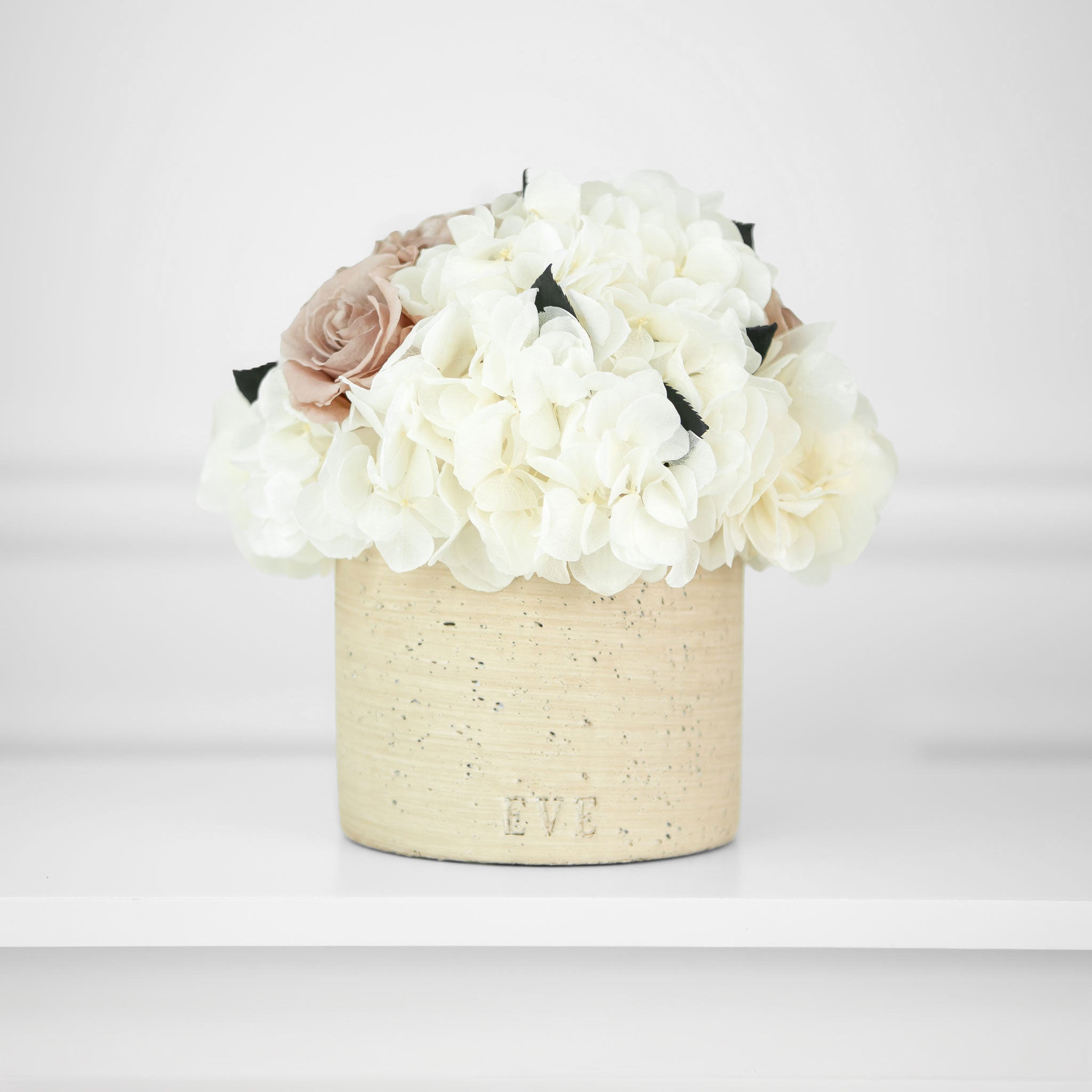 Beige Concrete Vase with Coffee Roses and Hydrangea