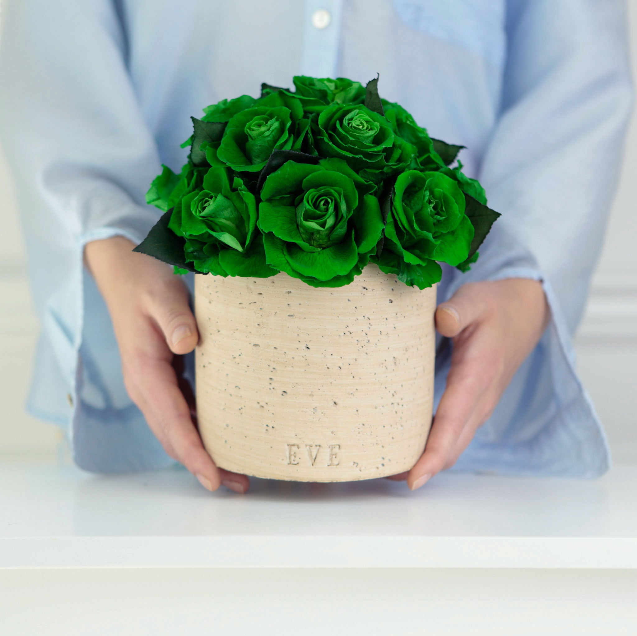 Beige Concrete Vase with Green Roses