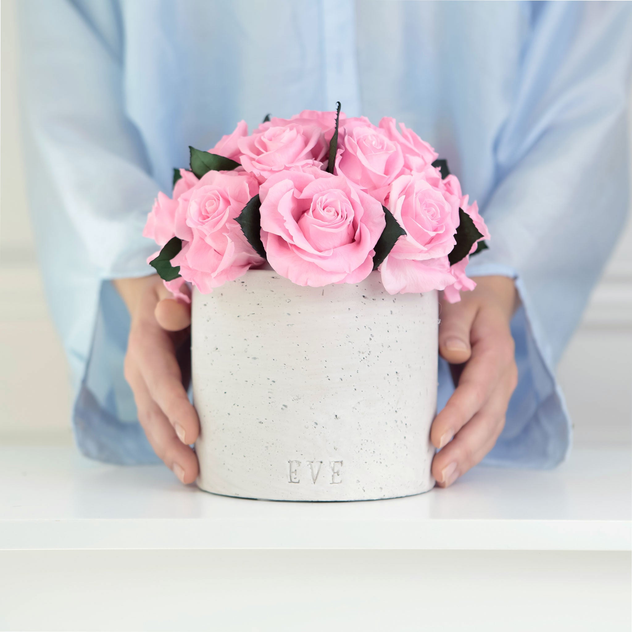 Gray Concrete Vase with  Pink Roses