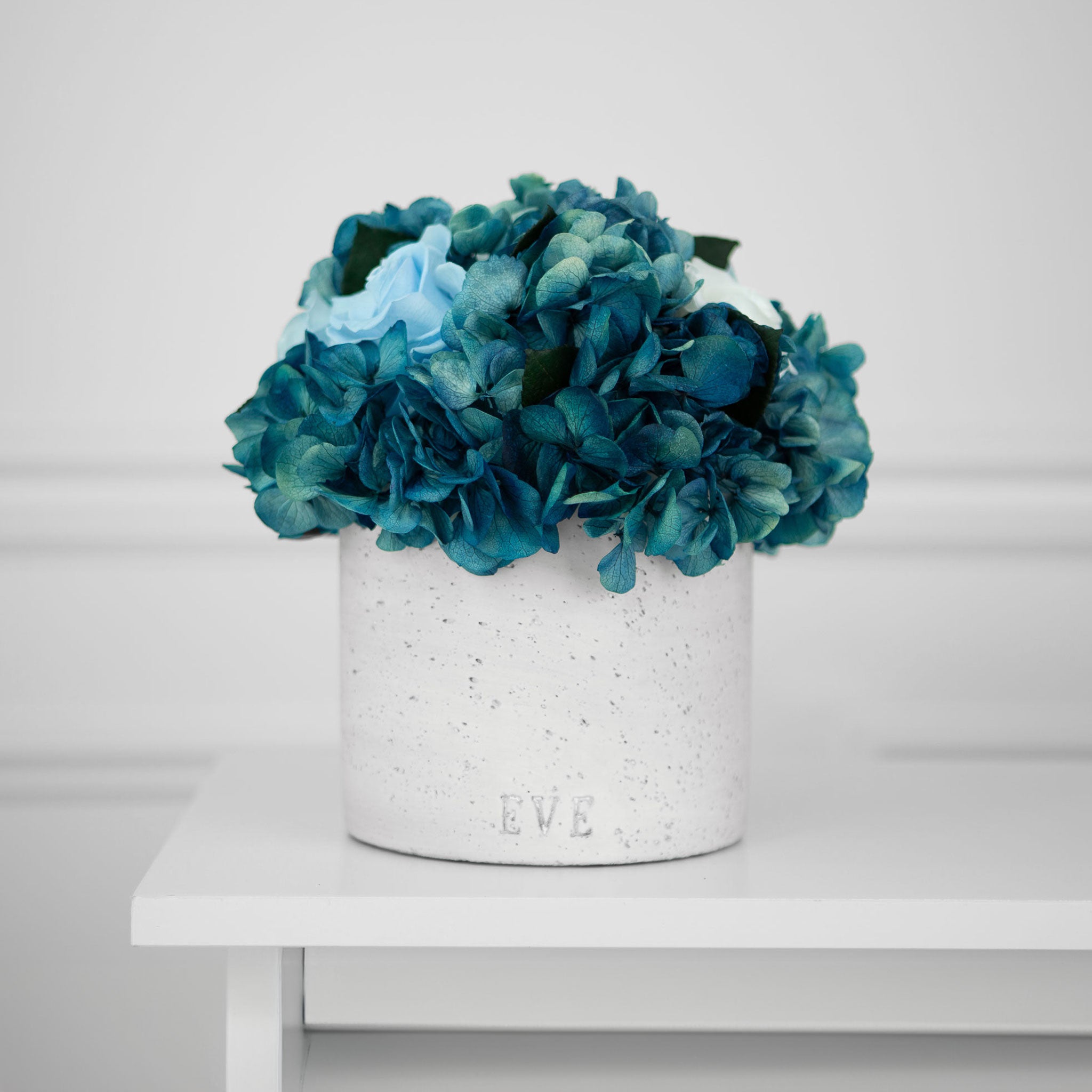 Gray Concrete Vase with Blue Roses and Blue Hydrangea