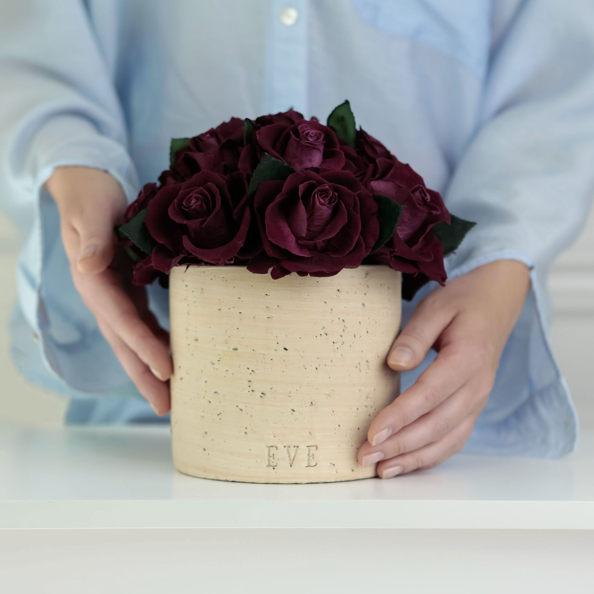 Beige Concrete Vase with Burgundy Roses