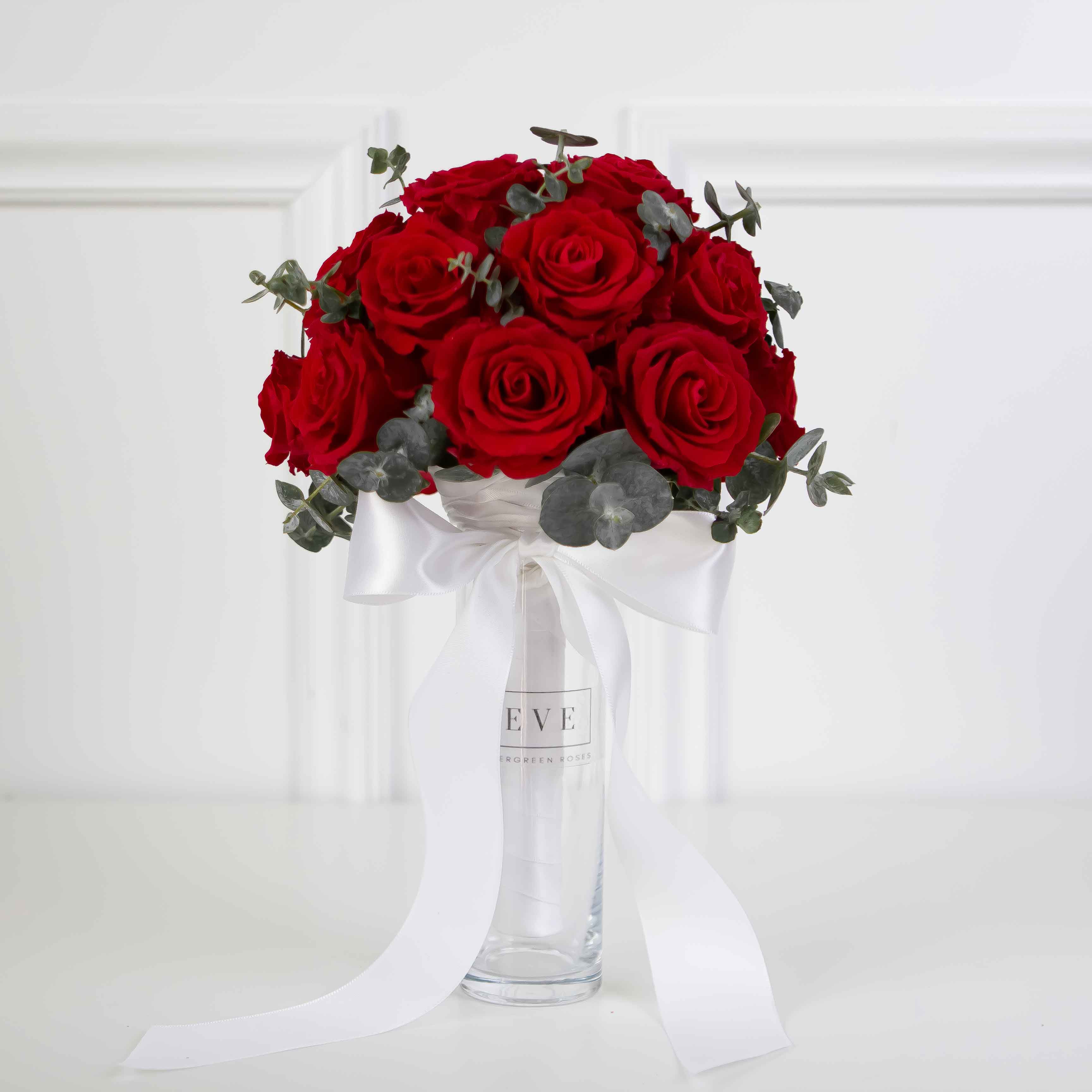 Wedding Bouquet with Red Roses and Eucalyptus
